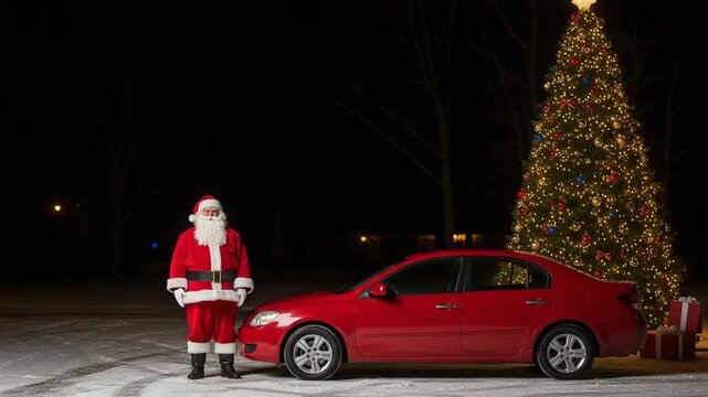 Animated santa standing next to a red car and christmas tree means gift delivery
