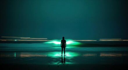 A human silhouette standing on a dark shoreline. Surreal neon green light illuminating ocean waves and wet sand. Long exposure light trails creating a futuristic effect