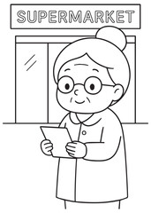 coloring book elderly woman reading shopping list in front of store