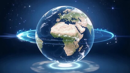 Digital earth globe with holographic rings and futuristic light effects in space - Powered by Adobe