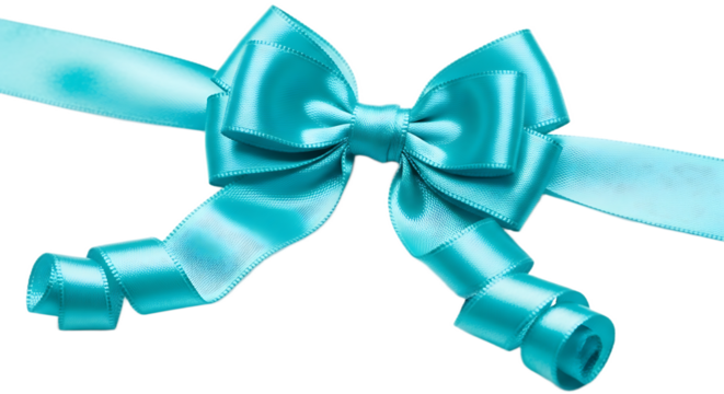 A turquoise ribbon tied into a bow with curled ends against a black background for decoration