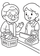 coloring book grandmother chatting happily with cashier