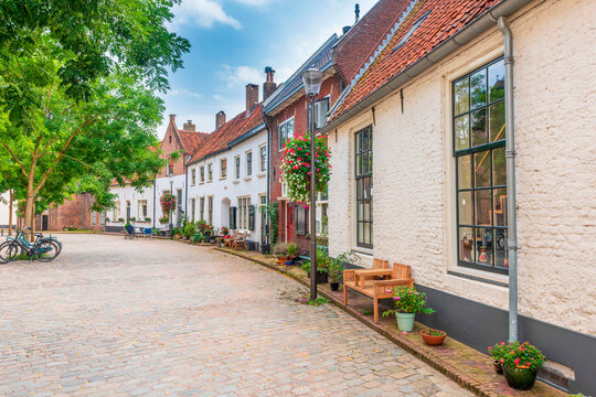 Schilderachtig straatbeeld in de historische Hanzestad Hattem, Nederland, met traditionele witgekalkte huizen, kinderkopjes en groene bomen op een zonnige dag.