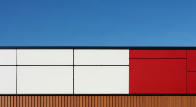 Modern building facade with colorful panels. Abstract architectural detail with clean lines. Geometric composition for corporate branding. Urban construction with wood and metal cladding