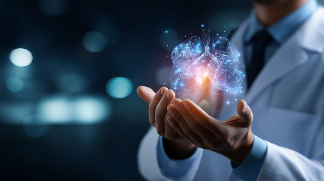 Faceless doctor analyzing cancer cells with holographic interface defocused futuristic medical background internal organs structure visualization including brain and liver