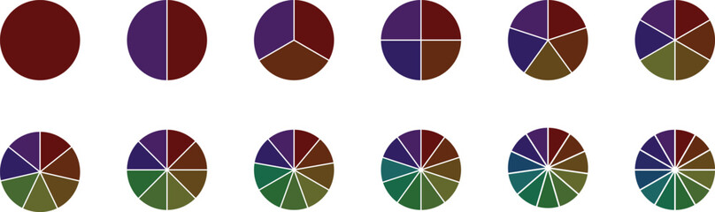 Pie charts diagram set.  Different color circles isolated. Circle section graph. Circle pie charts 1,2,3,4,5,6,7,8,9,10,11,12 sections.