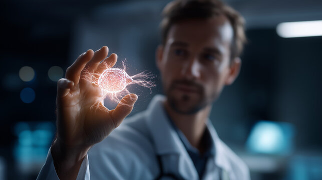 Faceless doctor analyzing cancer cells with holographic interface defocused futuristic medical background internal organs structure visualization including brain and liver