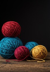 Cozy arrangement of colorful yarn balls resting on a rustic wooden surface, highlighting natural textures and craft materials ,soft ,cozy ,close up