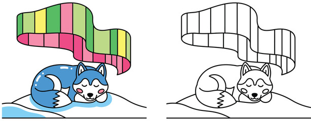 Cute Cartoon Husky Sleeping Under Northern Lights Vector Illustration
