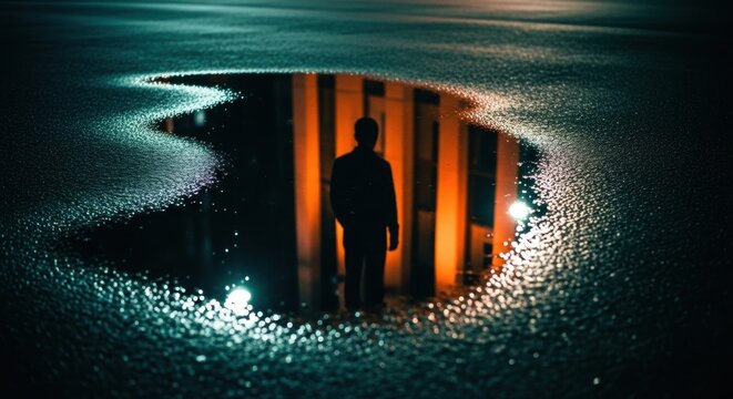 Anonymous person silhouette reflected in a wet street puddle. Cinematic noir aesthetic with dramatic lighting. Conceptual theme of mystery and solitude. Urban night life scene - Powered by Adobe