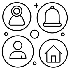 Four circular icons representing user, notification, home, and profile features
