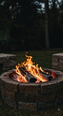 Crackling wood burns brightly in a rustic stone fire pit outdoors during the evening, creating a warm, cozy atmosphere ,leisure ,outdoor ,bright