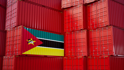 Cargo shipping container with Mozambique flag, shipping and freight transportation of Mozambique concept.