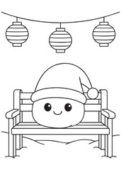 coloring book santa hat character sitting on bench with lanterns above