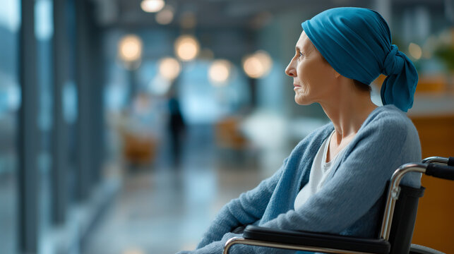 Faceless middle aged woman with cancer in wheelchair wearing headscarf defocused hospital corridor background oncology patient mobility healthcare facility environment patient - Powered by Adobe