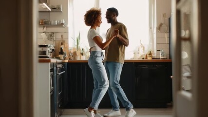 A happy couple enjoys a spontaneous dance in their stylish kitchen, surrounded by plants and sunlight. The scene captures love, connection, and everyday romance in a contemporary home setting - Powered by Adobe