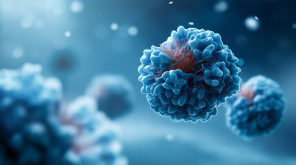 Ovarian cancer cell variations visualization faceless next gen antibody concept defocused sky blue background with blurry cells cancer cell attacking body oncology research ill