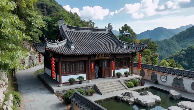 Aerial view of traditional mountain pavilion with tiled roof red lanterns and stone courtyard
