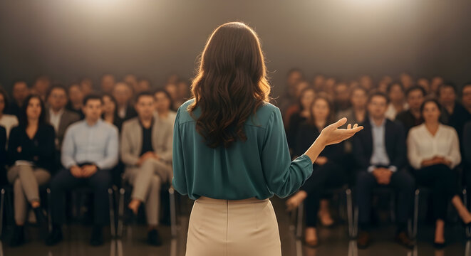Rear view of a female public speaker addressing a large professional audience during a business conference or educational seminar, bathed in a warm spotlight.