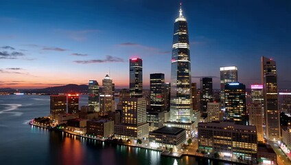 Aerial waterfront city skyline at dusk with illuminated skyscrapers and waterfront reflections - Powered by Adobe