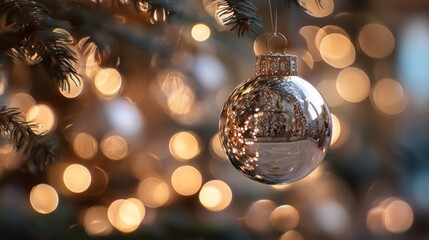 Beautiful ornament hanging on a Christmas tree with glowing lights in a cozy holiday setting