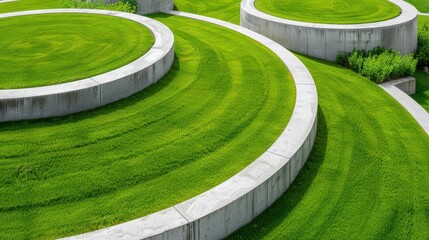 Circular Grass Patterns with Stone Borders in a Modern Landscape Design Featuring Green Slopes and Eco-Friendly Features