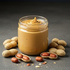 Creamy, rich peanut butter in a glass jar, accompanied by scattered whole roasted peanuts and their shells. A wholesome snack ,delicious ,food ,organic