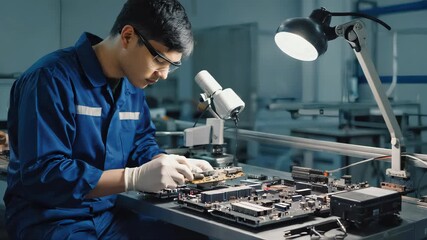 close-up of factory worker in blue uniform and white gloves assembling electronic circuit boards on a production line