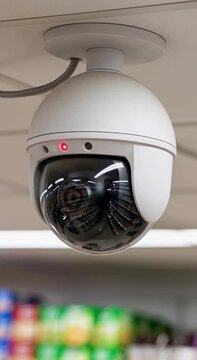 Surveillance camera mounted on ceiling in modern retail store  