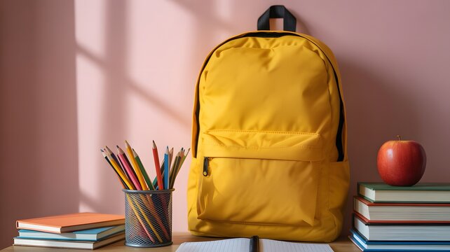 Backpack ready for learning A yellow rucksack, pencils, and books for education on a pink background - Powered by Adobe