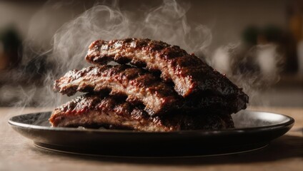 A delicious stack of smoky grilled pork ribs steaming on a plate.
