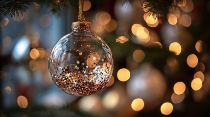 Ornaments shine on a Christmas tree with warm, glowing lights in a festive setting