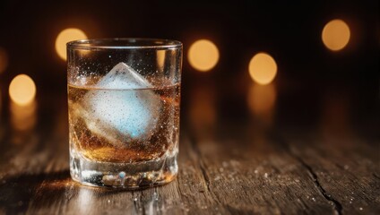 A Glass of Whiskey with a Large Ice Cube on a Wooden Table.