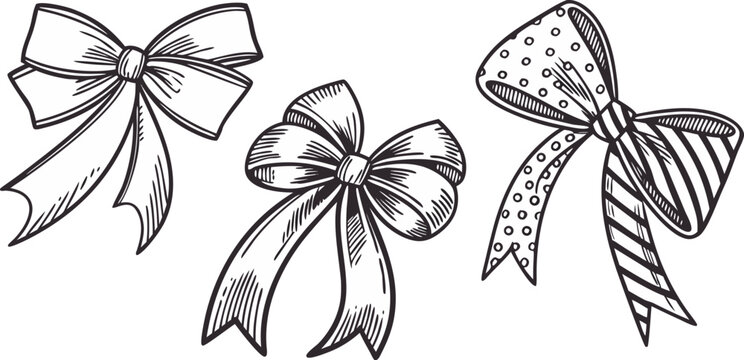 A collection of six different hand-drawn bow illustrations are arranged against a stark white background. The bows are drawn in a detailed, monochromatic ink-sketch style, utilizing cross-hatching and