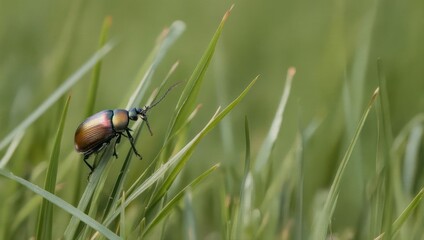 A single beetle climbs a blade of grass in a field of green.