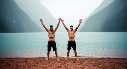 Two athletic male friends celebrating on a beach. Shirtless men with arms raised in triumph. Outdoor fitness and adventure lifestyle. Personal achievement and wellness journey