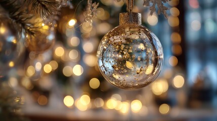 Close-up view of a decorative glass ornament hanging on a Christmas tree with warm lights in the background during the holiday season