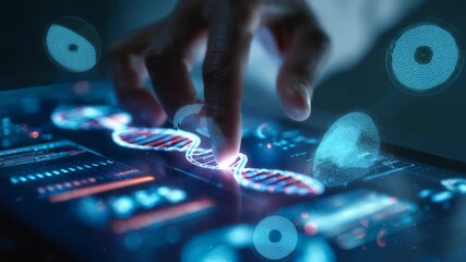 A close up of a finger touching a virtual interface with a glowing DNA strand and scientific data charts. The image symbolizes innovation in biotechnology and digital healthcare solutions - Powered by Adobe