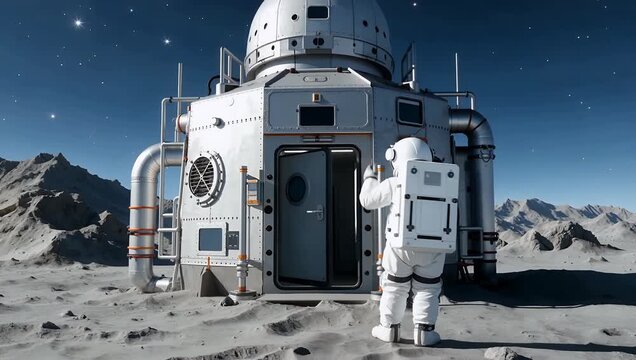 Astronaut in space suit standing at modular lunar base airlock on moon surface at night