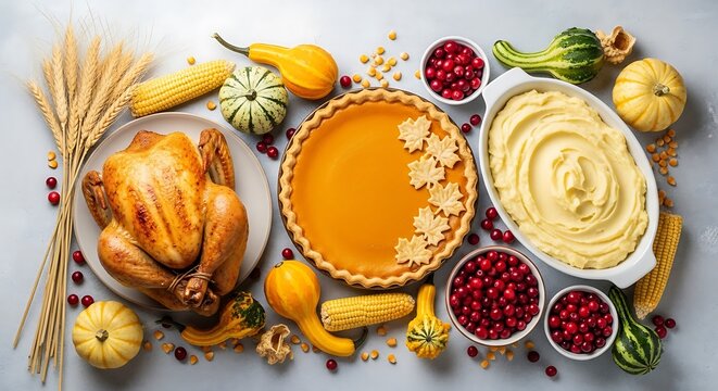 A festive thanksgiving dinner spread with a roasted turkey, pumpkin pie, mashed potatoes, and corn background
