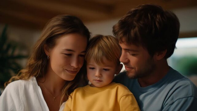 Young family exploring a professionally staged home, emotion of excitement and connection visible, symbolizing first-time home buying experience, real estate marketing, and emotional appeal of home