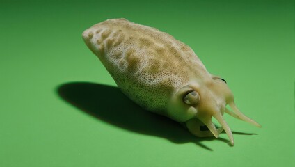 A small live cuttlefish with camouflage skin isolated on a solid green background.