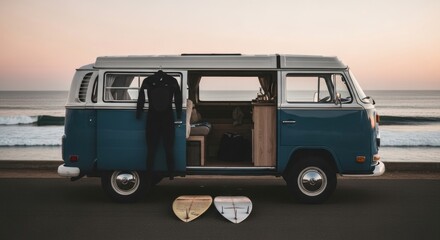 Retro campervan lifestyle with surfboards at the coast. Wetsuit and gear ready for ocean waves. Nomadic travel and adventure concept. Van life road trip for summer vacation freedom