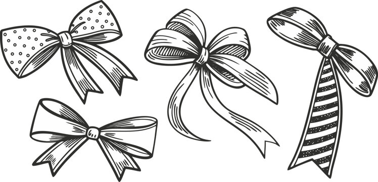 A collection of six different hand-drawn bow illustrations are arranged against a stark white background. The bows are drawn in a detailed, monochromatic ink-sketch style, utilizing cross-hatching and