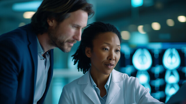 Faceless female Asian scientist and male Caucasian surgeon discussing MRI brain scan defocused neuroscience laboratory background TV display with scans medication development