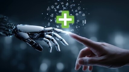 Robot hand human finger touching digital medical symbol future. - Powered by Adobe