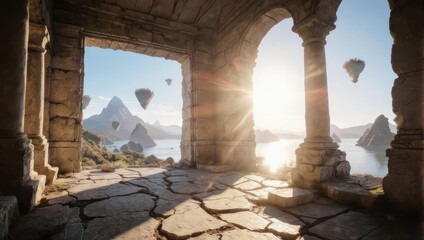 Ancient Stone Structure Overlooking a Scenic Landscape with Floating Islands.