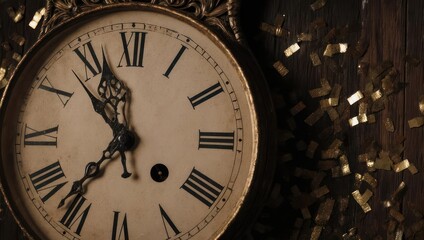 Antique clock face showing time, with Roman numerals, and confetti.