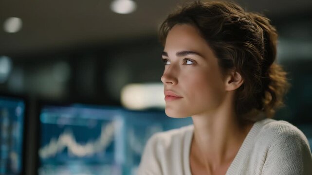 AI-assisted crypto trading algorithm analyzing market trends in a futuristic office, emotion of focus and precision visible, symbolizing predictive financial modeling, blockchain trading