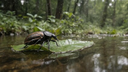 Beetle on a Leaf Floating in a Stream in a Forest.